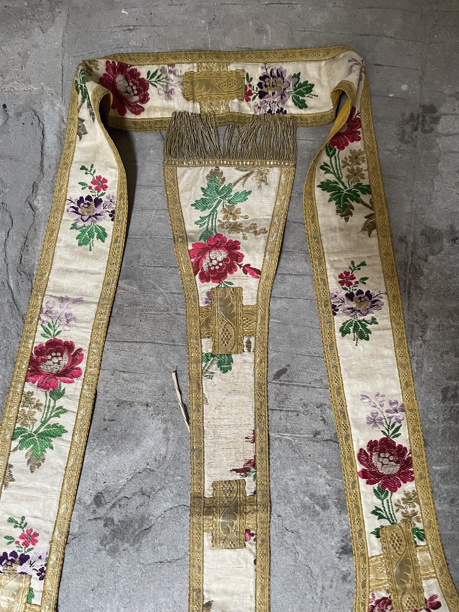 Liturgical Stole And Matching Maniples In Floral Silk And Metallic Thread. XIX Century-photo-5