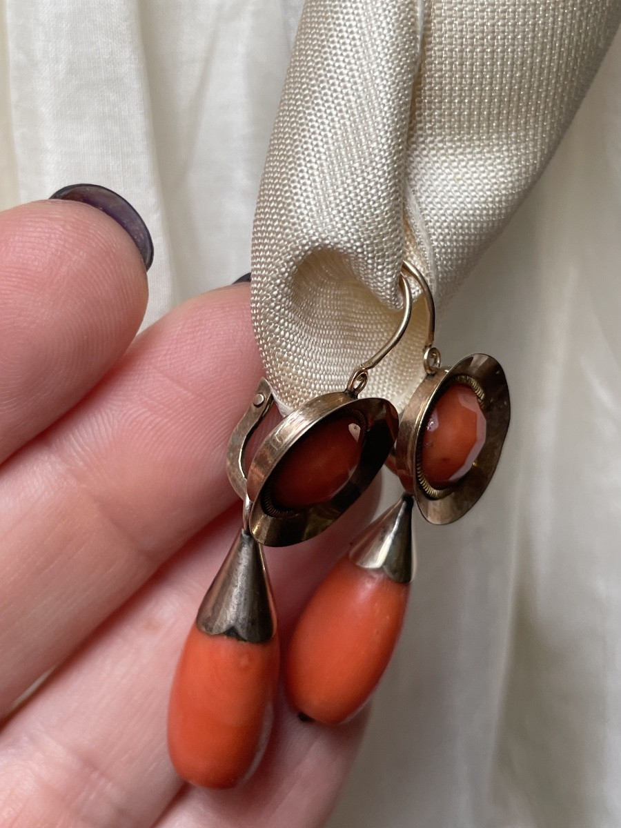Boucles D’oreilles En Or Et Corail Méditerranéen, Italie, XIXe Siècle-photo-5