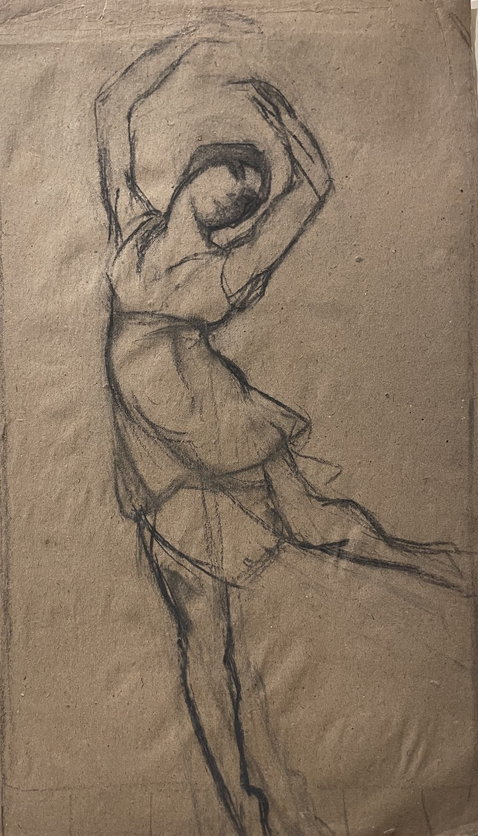 Danseuse En Mouvement, Vers 1920 Dessin Au Fusain Sur Papier Brun. 50 Cm X 32 Cm