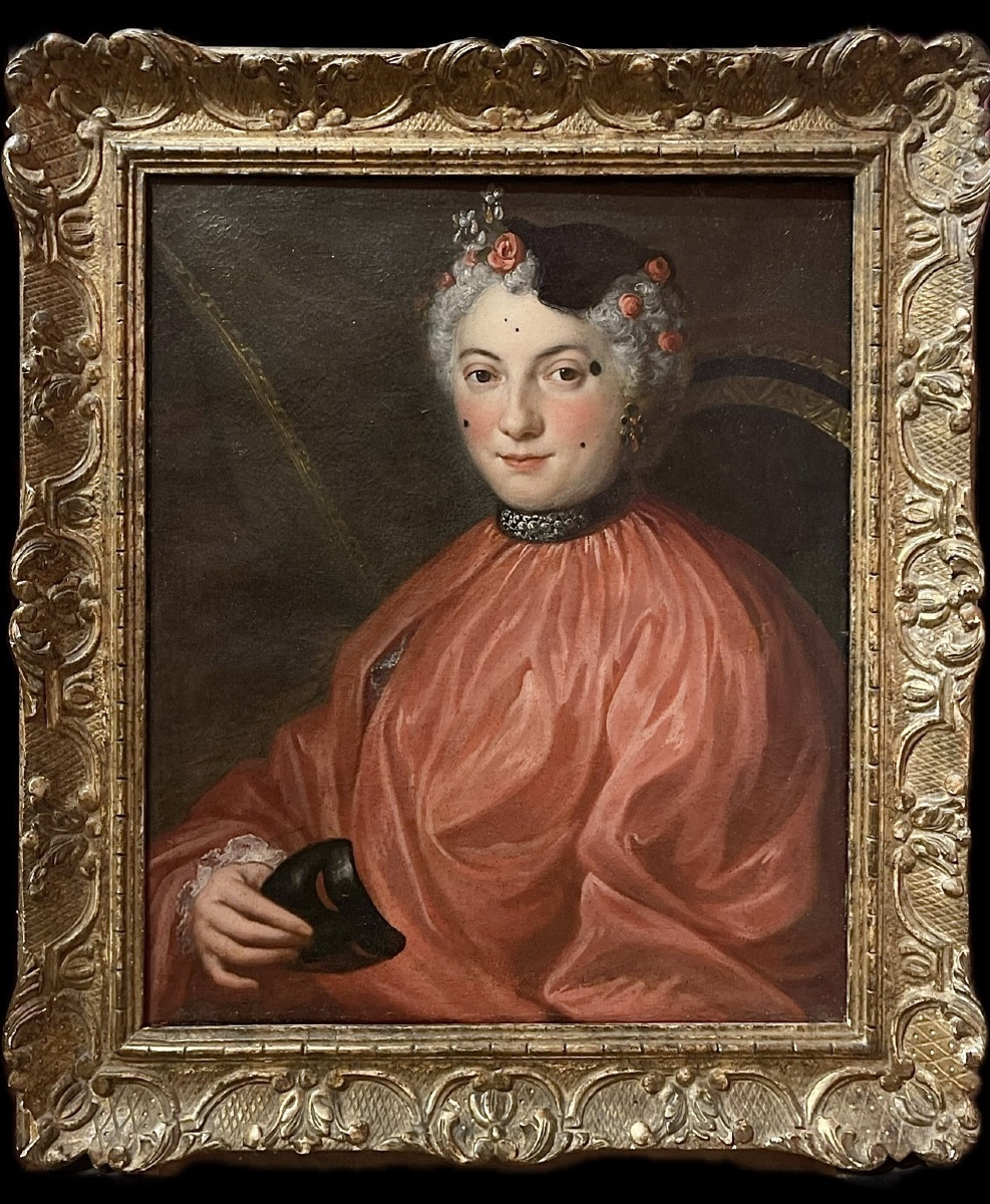 Dame En Costume De Carnaval, Masque, Mouches Et Tremblants . Ca 1730. Charles Coypel, Entourage