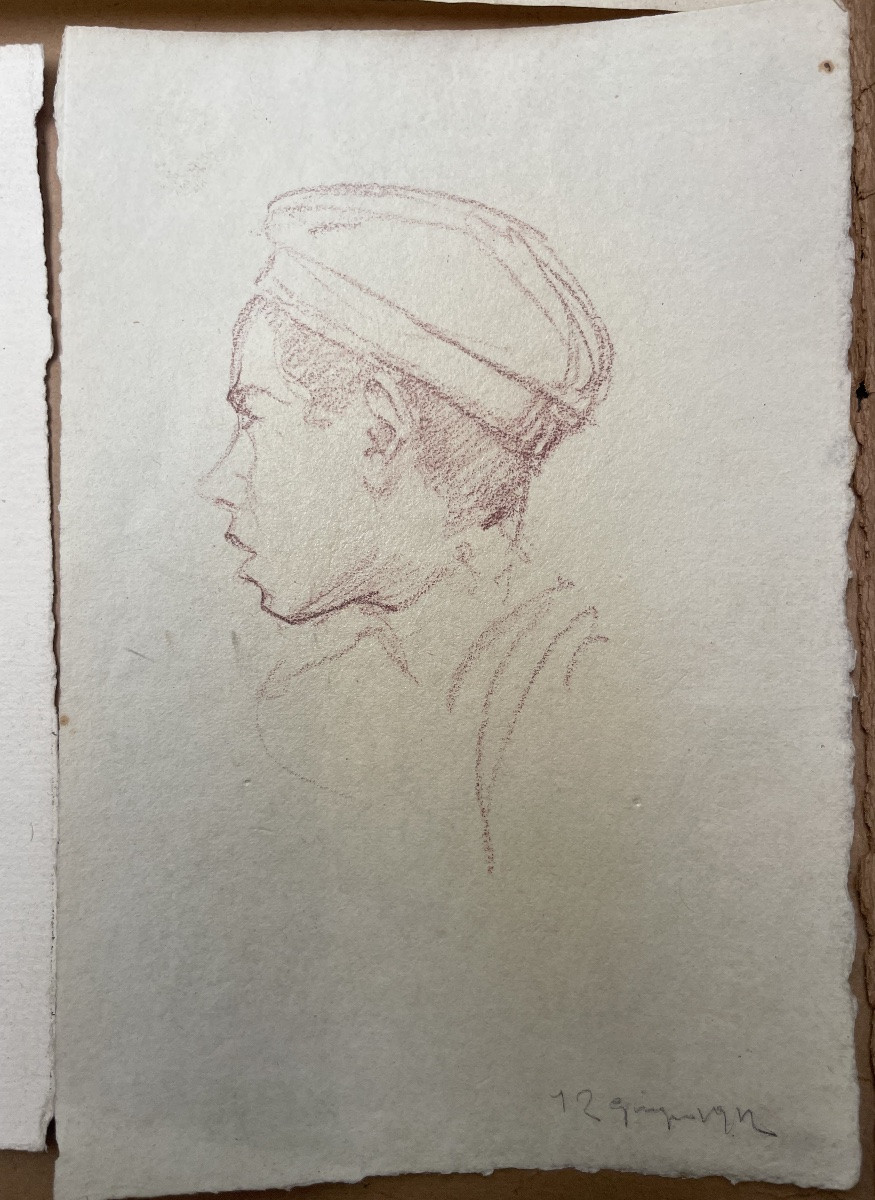 Three Youth Portraits By Augusto Gardelli. Brown Pencil On Paper.-photo-2