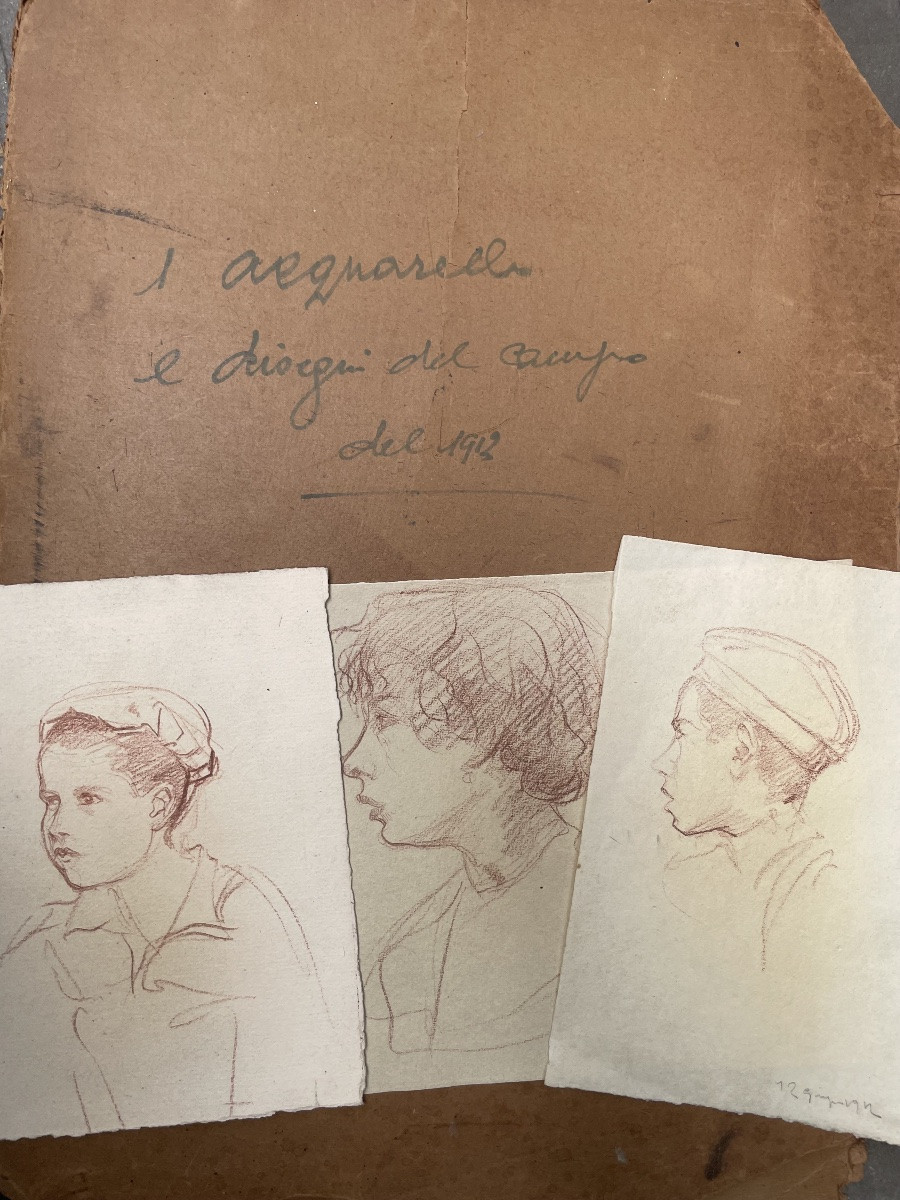 Three Youth Portraits By Augusto Gardelli. Brown Pencil On Paper.-photo-1