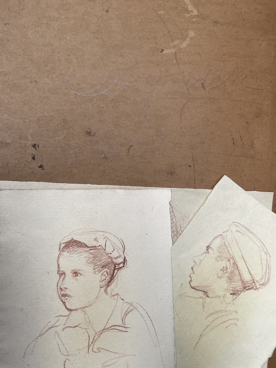 Three Youth Portraits By Augusto Gardelli. Brown Pencil On Paper.-photo-3