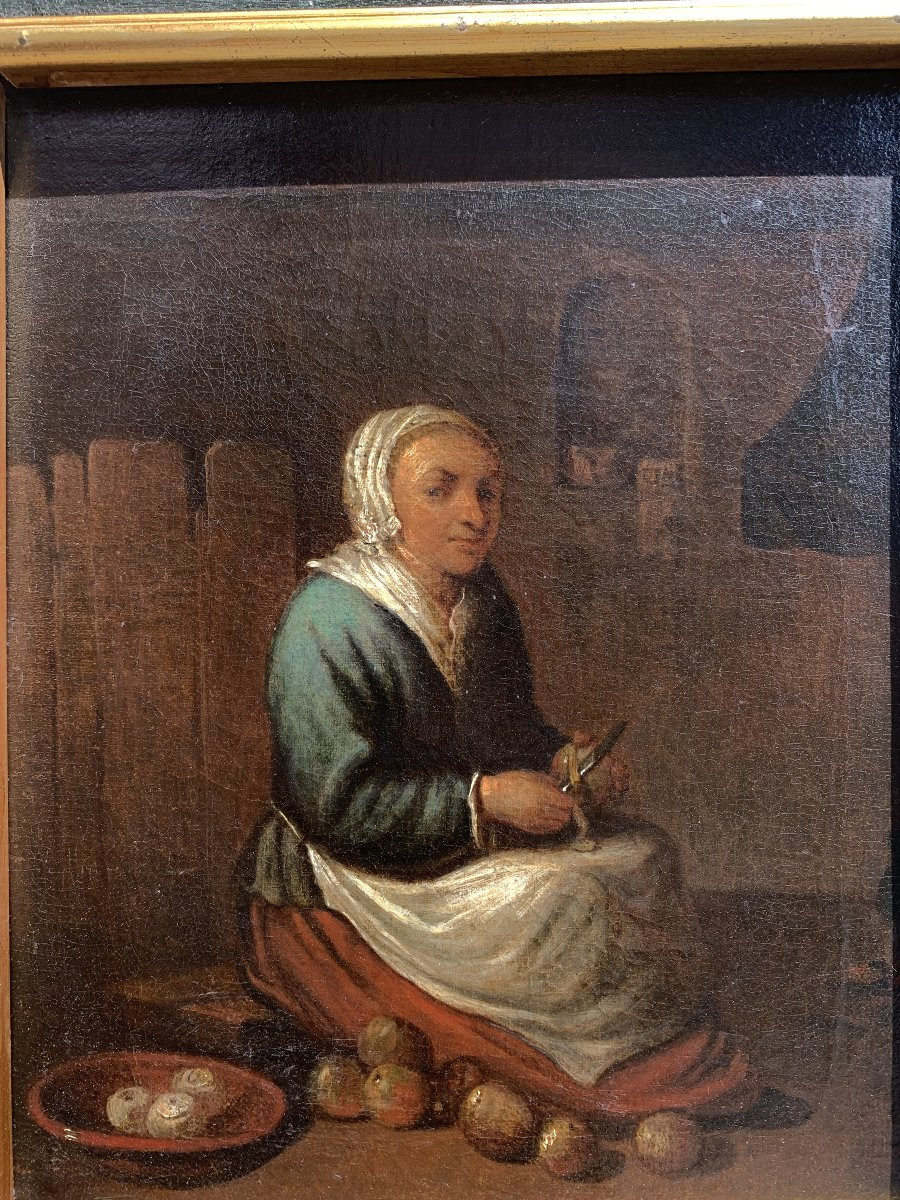 Dutch School, Late 17th – Early 18th Century Scene With Cook Peeling Apples-photo-1