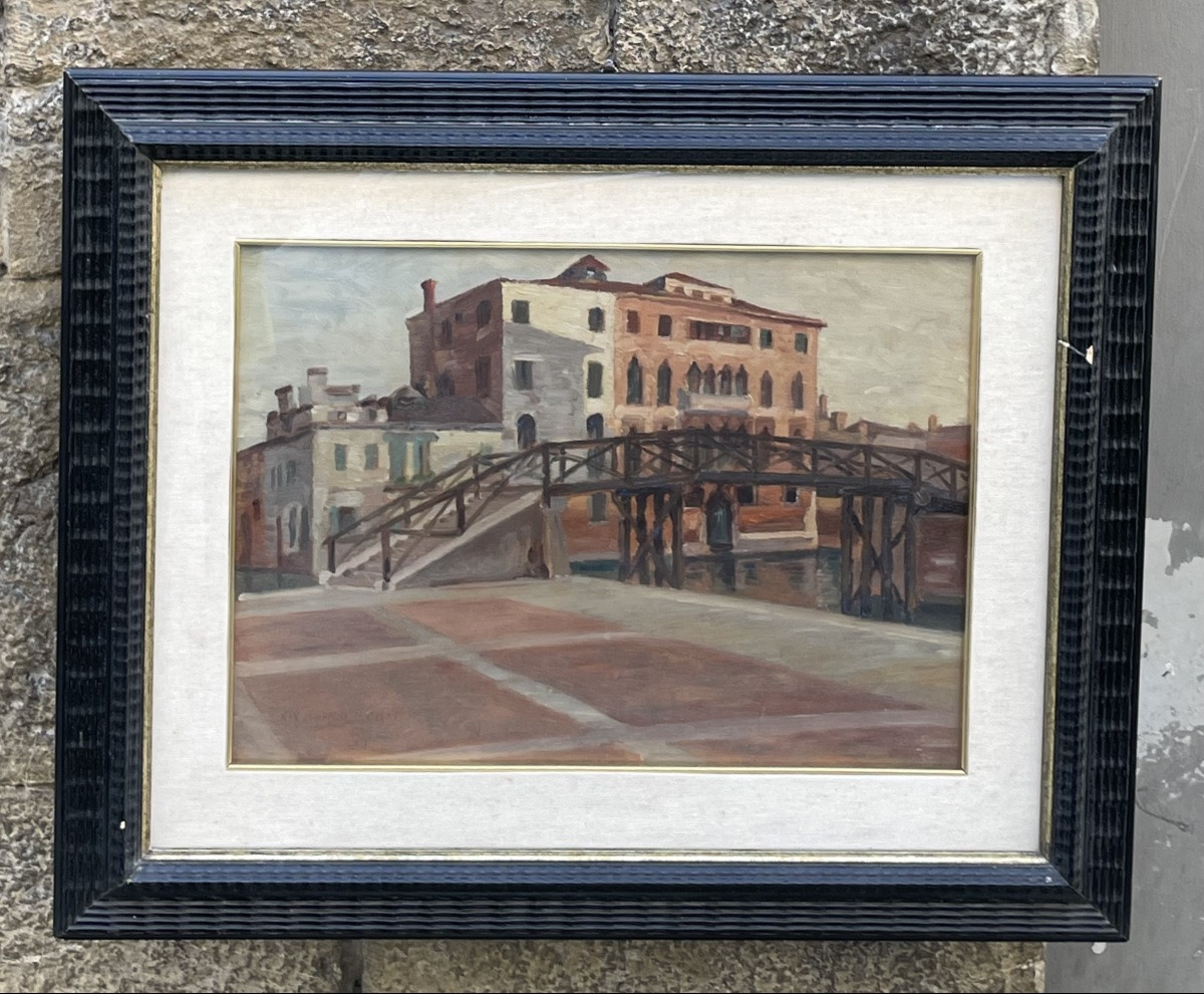 Venise. Pont En Bois Et Palais Gothique, Daté 1915 Huile Sur Panneau.-photo-2