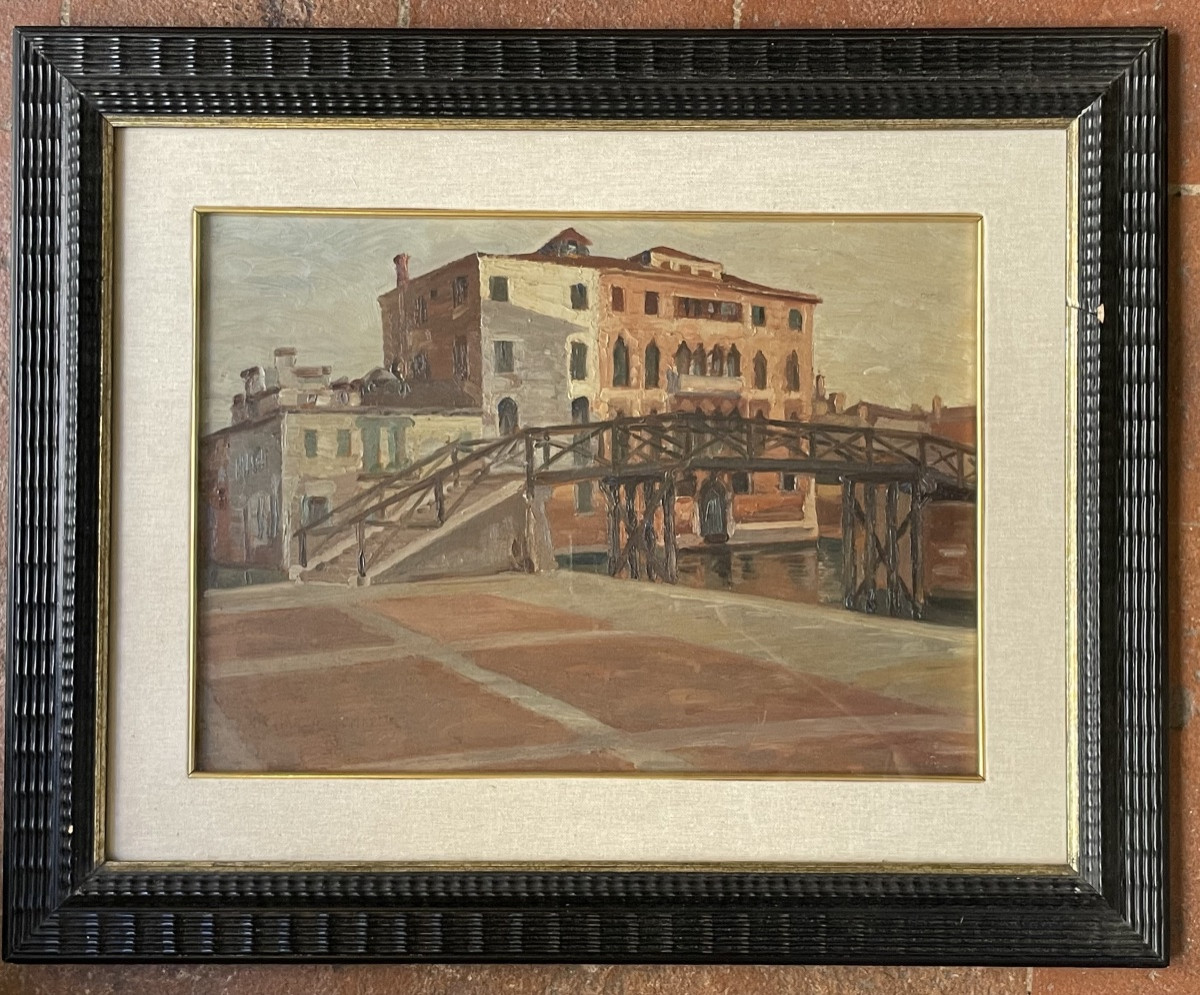 Venise. Pont En Bois Et Palais Gothique, Daté 1915 Huile Sur Panneau.-photo-4