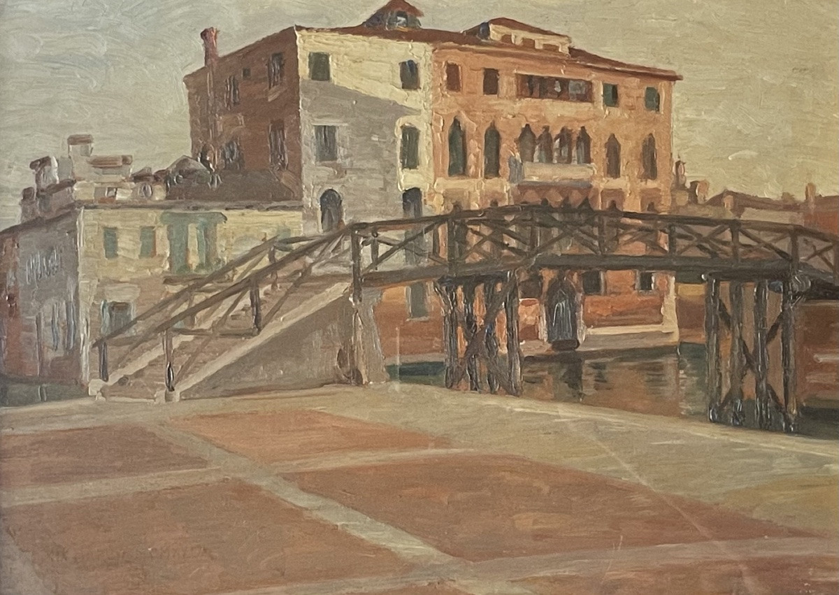 Venise. Pont En Bois Et Palais Gothique, Daté 1915 Huile Sur Panneau.-photo-1