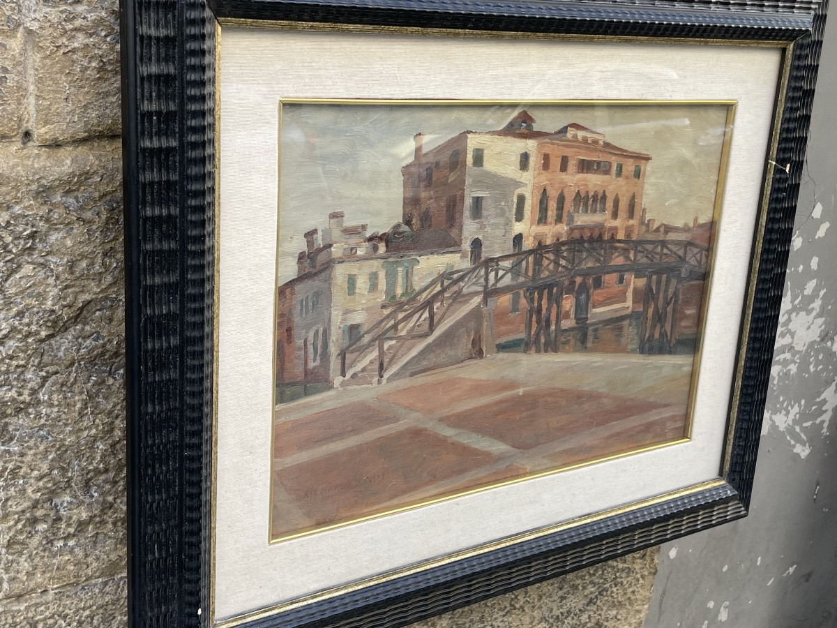 Venise. Pont En Bois Et Palais Gothique, Daté 1915 Huile Sur Panneau.-photo-3