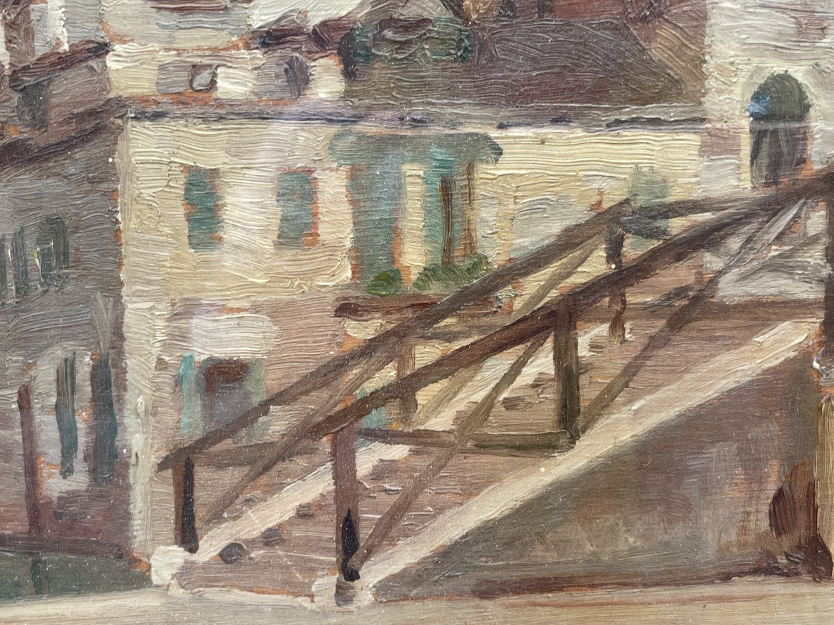Venise. Pont En Bois Et Palais Gothique, Daté 1915 Huile Sur Panneau.-photo-4