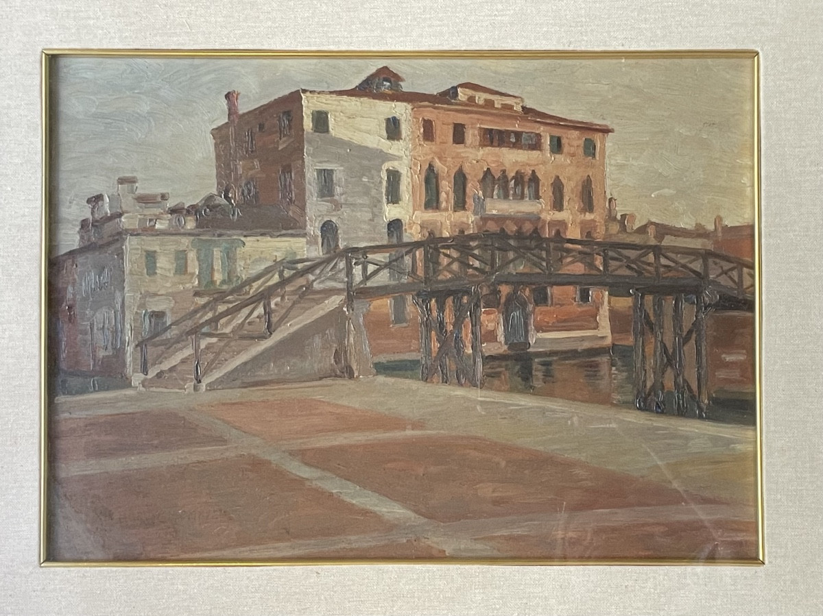 Venise. Pont En Bois Et Palais Gothique, Daté 1915 Huile Sur Panneau.