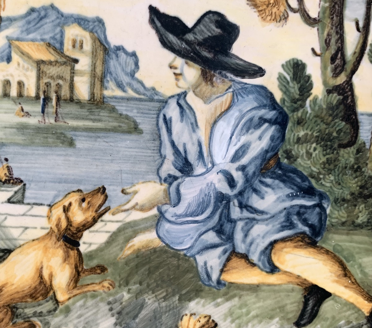 Castelli Maiolica Dish With Young Man In Black Hat, Dog And Classical Ruins, Mid-18th Century-photo-2