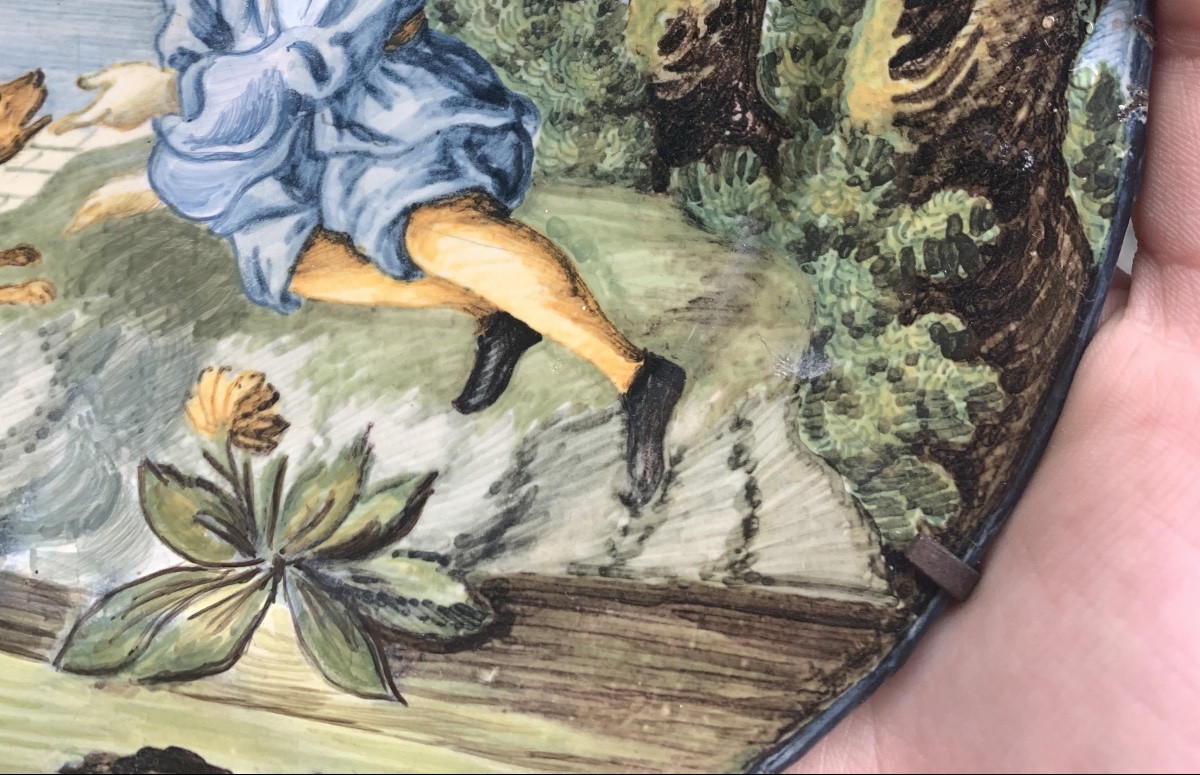 Castelli Maiolica Dish With Young Man In Black Hat, Dog And Classical Ruins, Mid-18th Century-photo-4