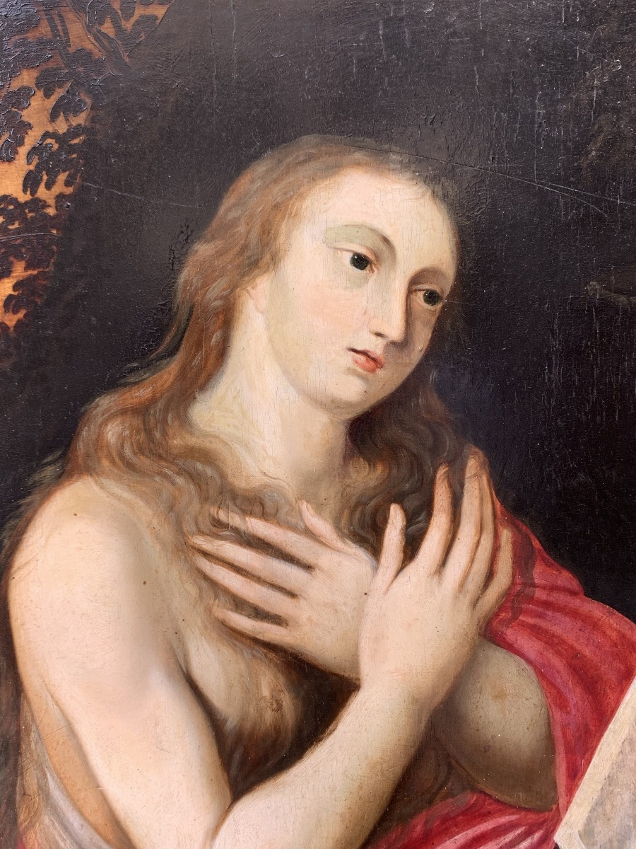 Penitent Mary Magdalene On Oak Panel With Atelier Drawings And Paper Collage On The Reverse. -photo-3