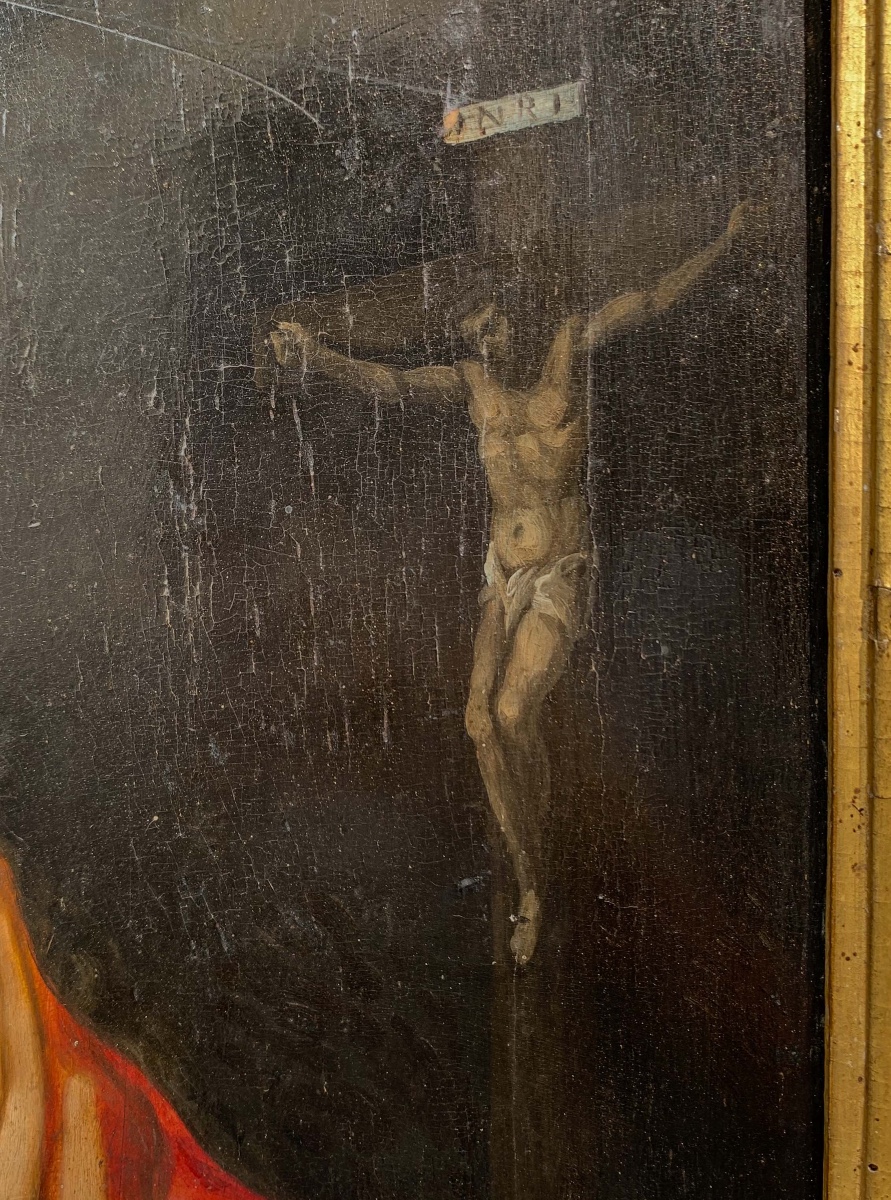 Penitent Mary Magdalene On Oak Panel With Atelier Drawings And Paper Collage On The Reverse. -photo-3