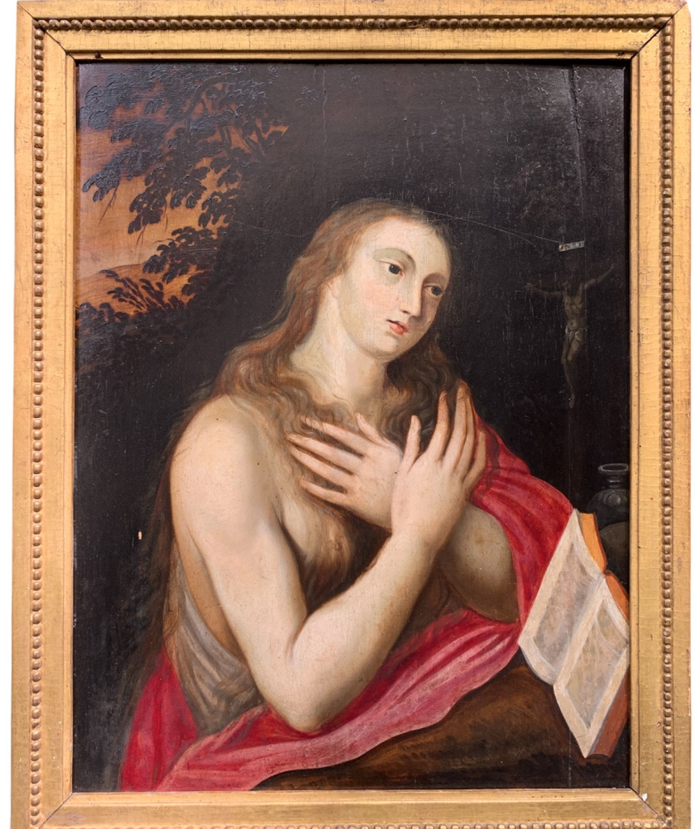 Penitent Mary Magdalene On Oak Panel With Atelier Drawings And Paper Collage On The Reverse. 