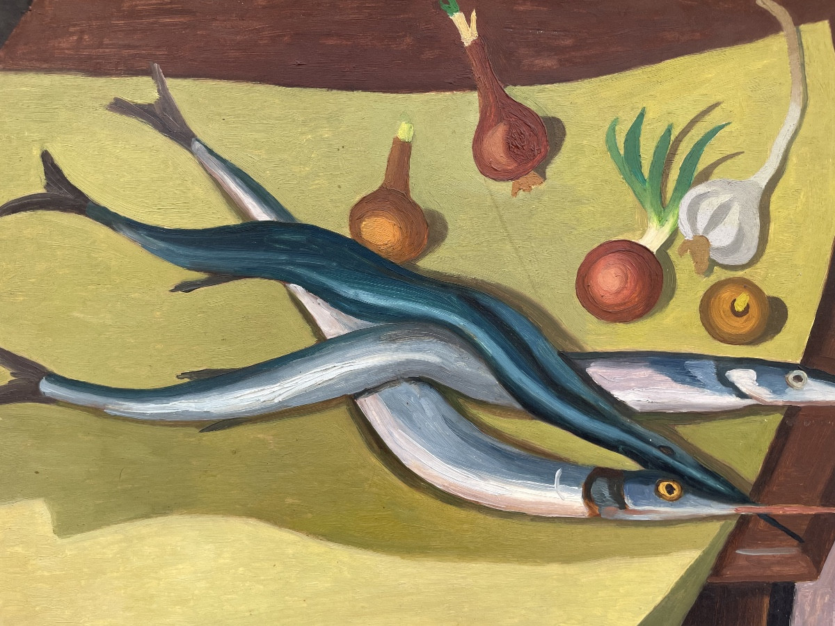 Jean Lachaud – Modernist Breton Still Life With Needlefish And Onions. France, 1930s