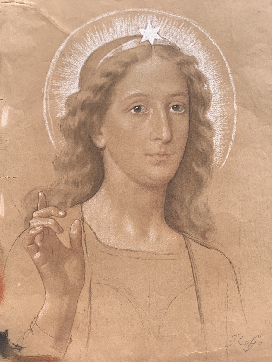 Archangel Gabriel. Preparatory Study Signed By Enrico Reffo (64 X 49 Cm)-photo-8
