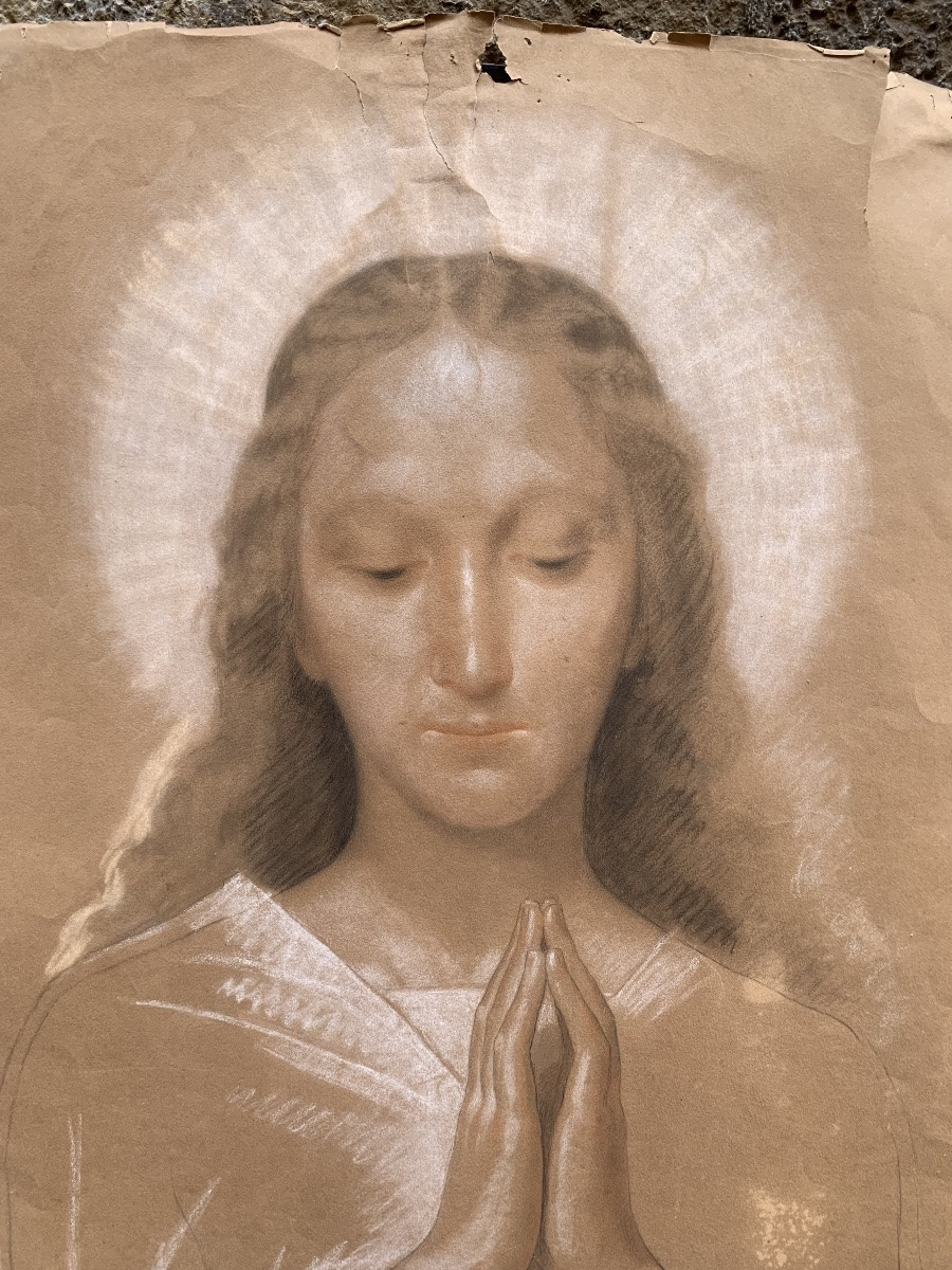 Sketch For The Praying Virgin. Signed By Enrico Reffo-photo-3