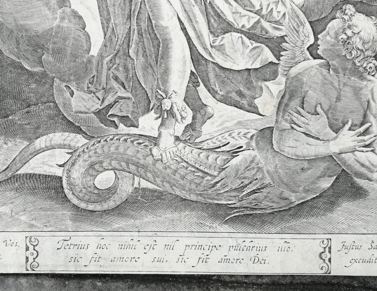 Saint Michel Archange et le dragon, gravure originale XVIe s. Sadeler d’après Maarten de Vos-photo-1