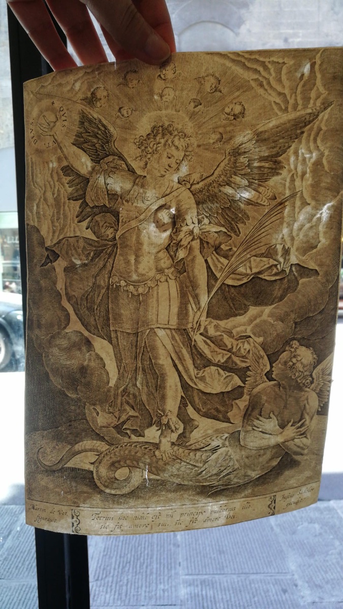 Saint Michel Archange et le dragon, gravure originale XVIe s. Sadeler d’après Maarten de Vos-photo-5
