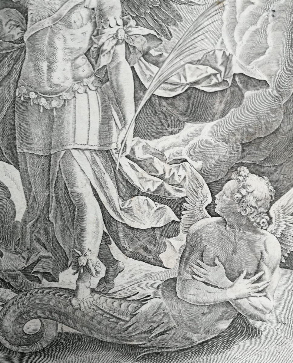 Saint Michel Archange et le dragon, gravure originale XVIe s. Sadeler d’après Maarten de Vos-photo-6