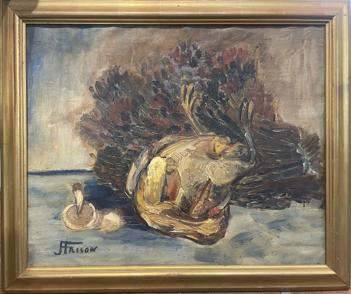 Jehan Frison (1882–1961), Nature morte au coq et aux champignons, fauvisme belge, années 1940-photo-2