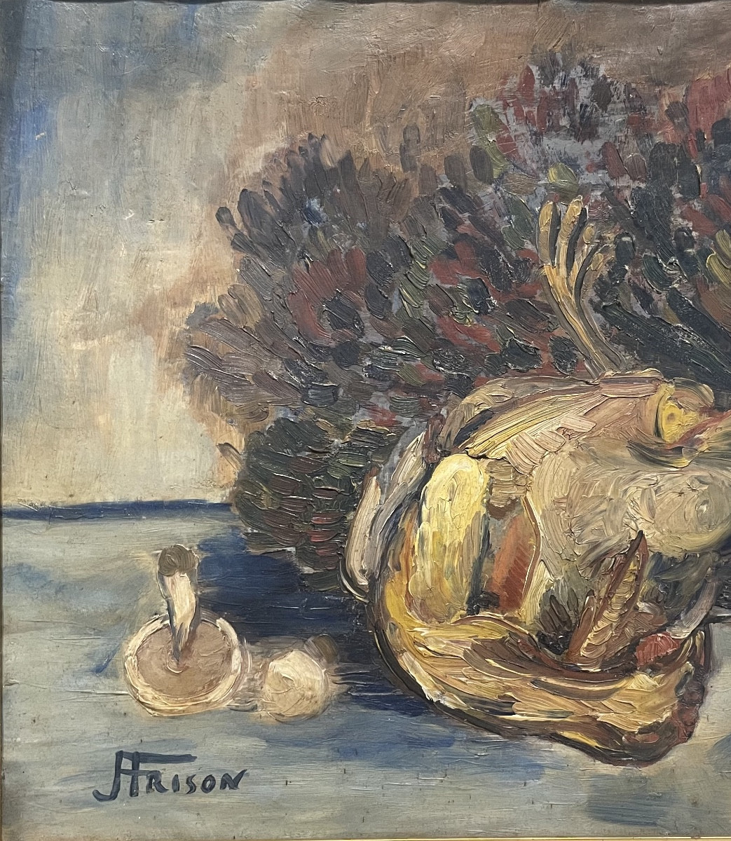 Jehan Frison (1882–1961), Nature morte au coq et aux champignons, fauvisme belge, années 1940-photo-1
