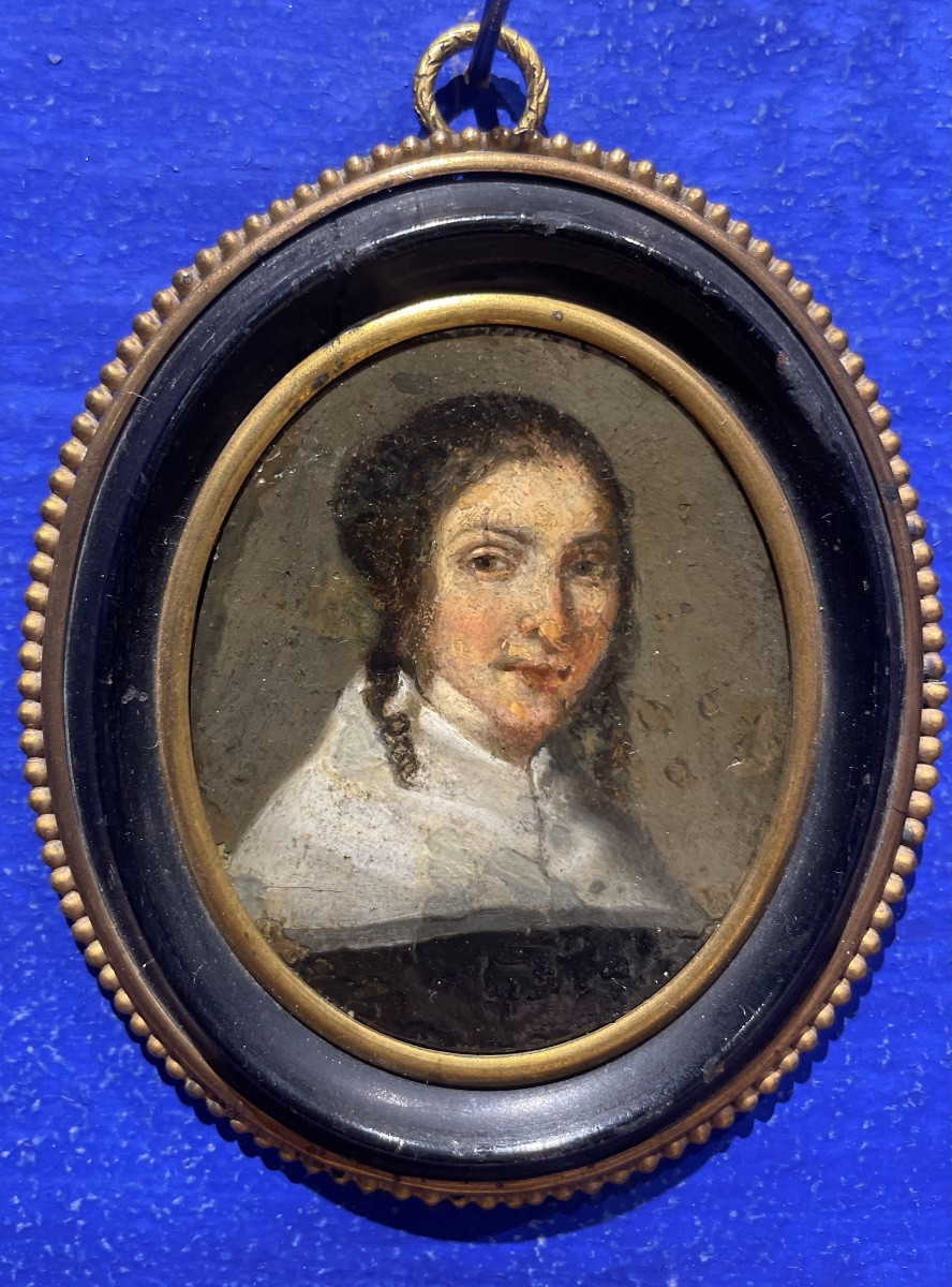 Miniature sur cuivre. Portrait de dame au col blanc. École hollandaise, 1630–1640.-photo-6