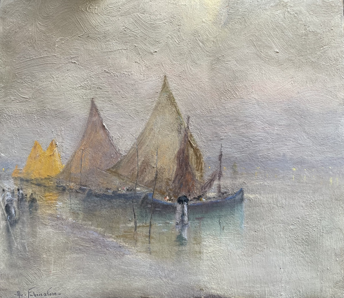 Nicola Fabbricatore (Naples 1888 – Rome 1962) Vue de barques à Venise à l’aube. Année 1920-photo-3