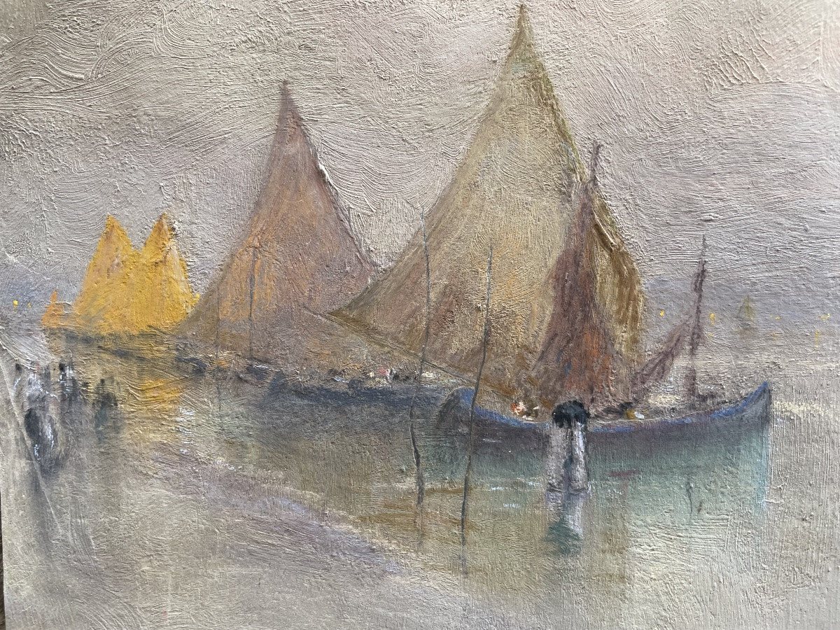 Nicola Fabbricatore (Naples 1888 – Rome 1962) Vue de barques à Venise à l’aube. Année 1920-photo-4