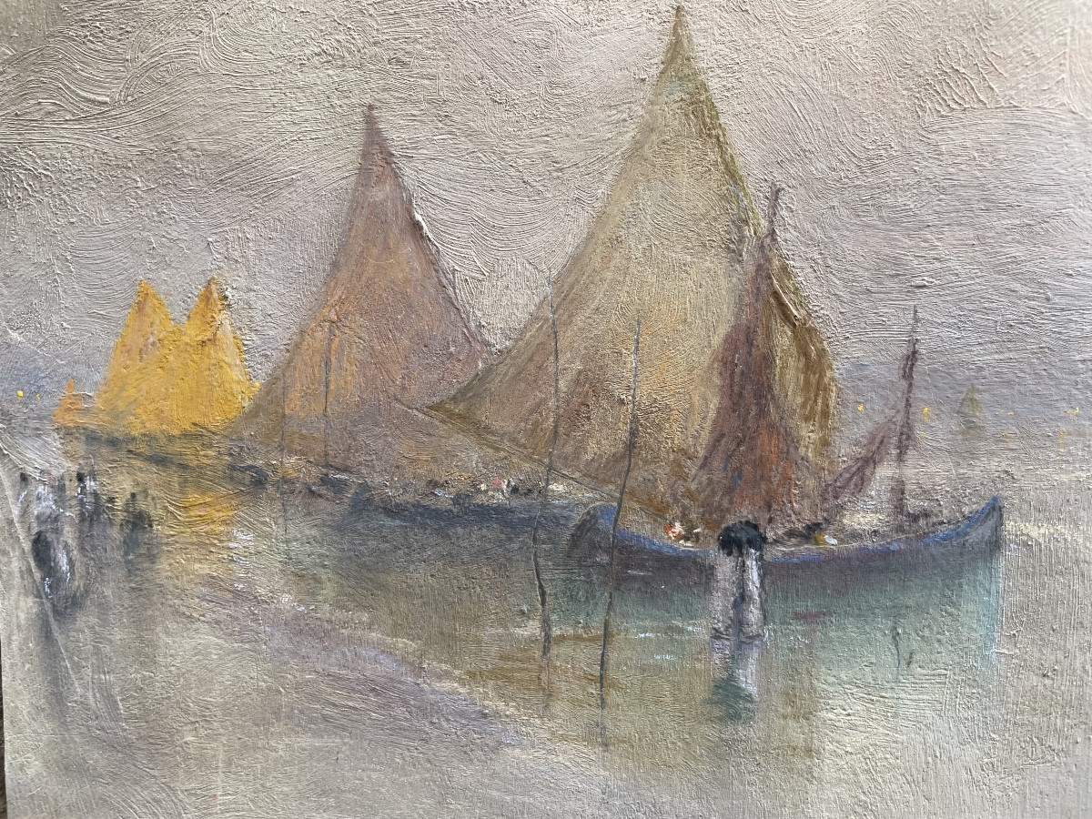 Nicola Fabbricatore (Naples 1888 – Rome 1962) Vue de barques à Venise à l’aube. Année 1920