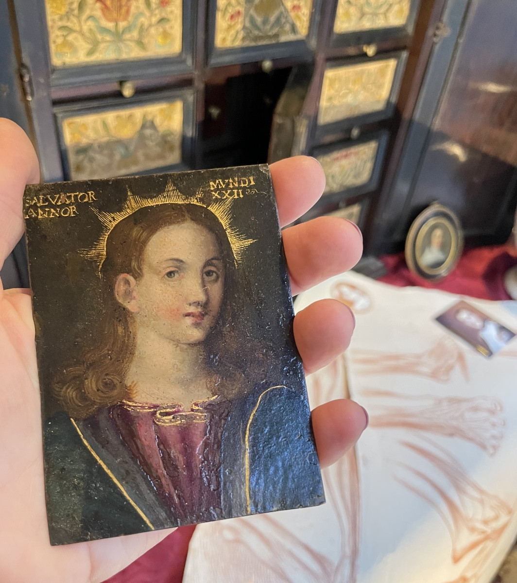 Salvator Mundi, huile sur cuivre. École nord-italienne. Fin XVIe – début XVIIe siècle. 9 x 7 cm-photo-2