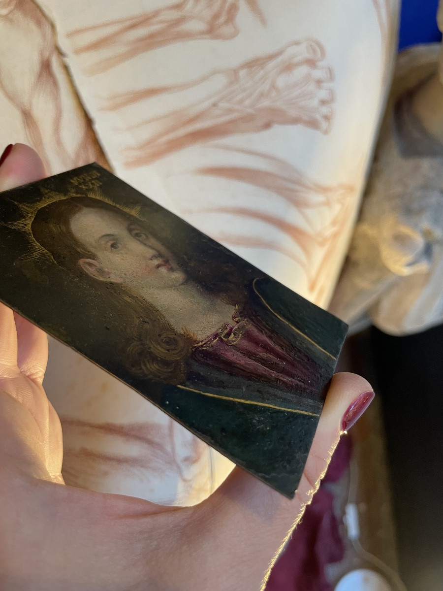 Salvator Mundi, huile sur cuivre. École nord-italienne. Fin XVIe – début XVIIe siècle. 9 x 7 cm-photo-4