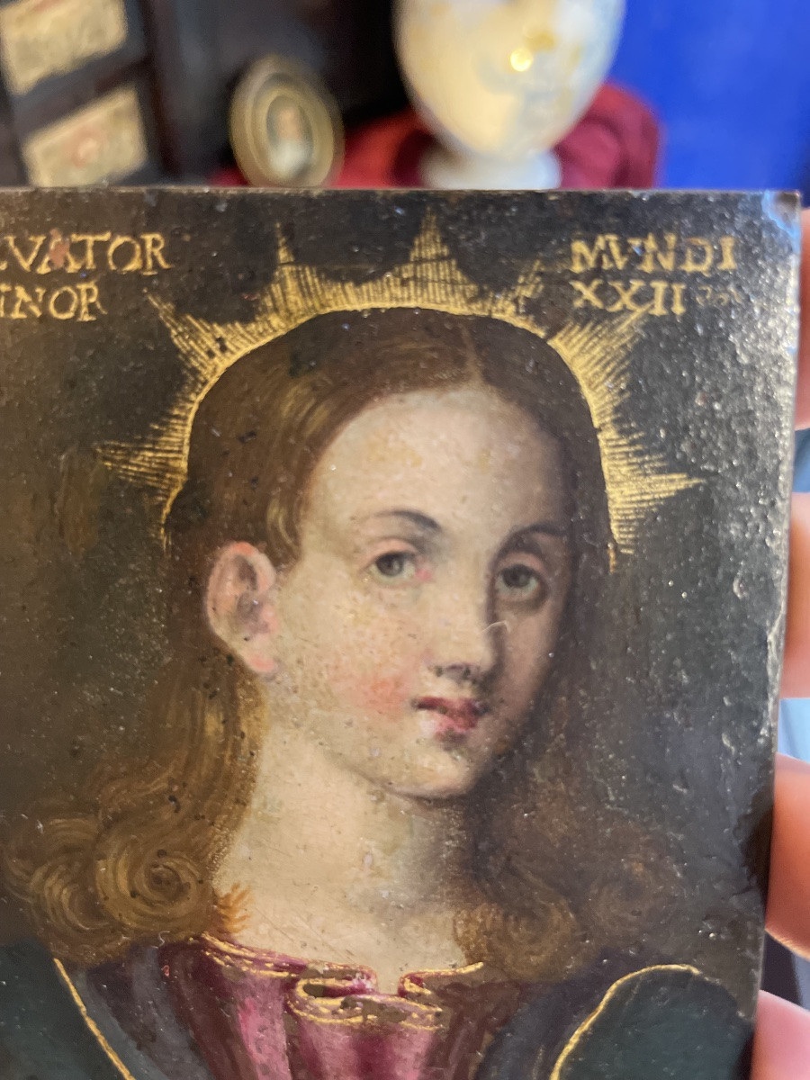 Salvator Mundi, huile sur cuivre. École nord-italienne. Fin XVIe – début XVIIe siècle. 9 x 7 cm-photo-2