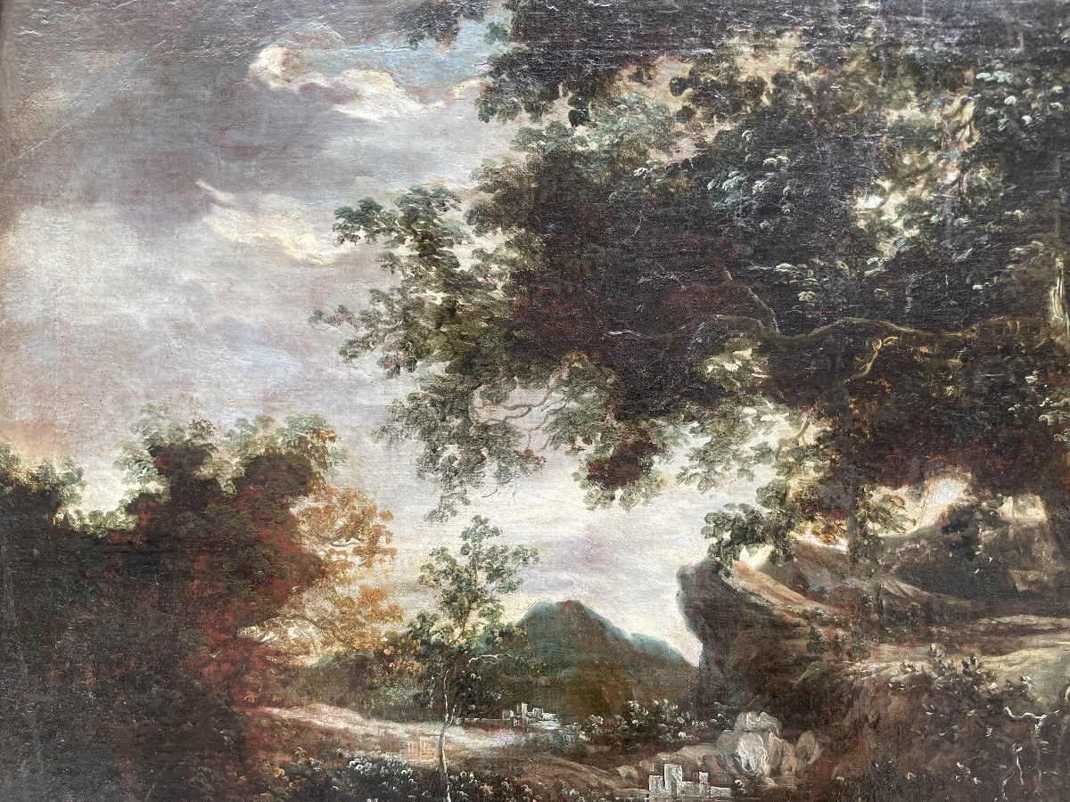 Dutch School, Late 17th Century A Mountainous Landscape With Figures, Circle Of Ruysdal-photo-2