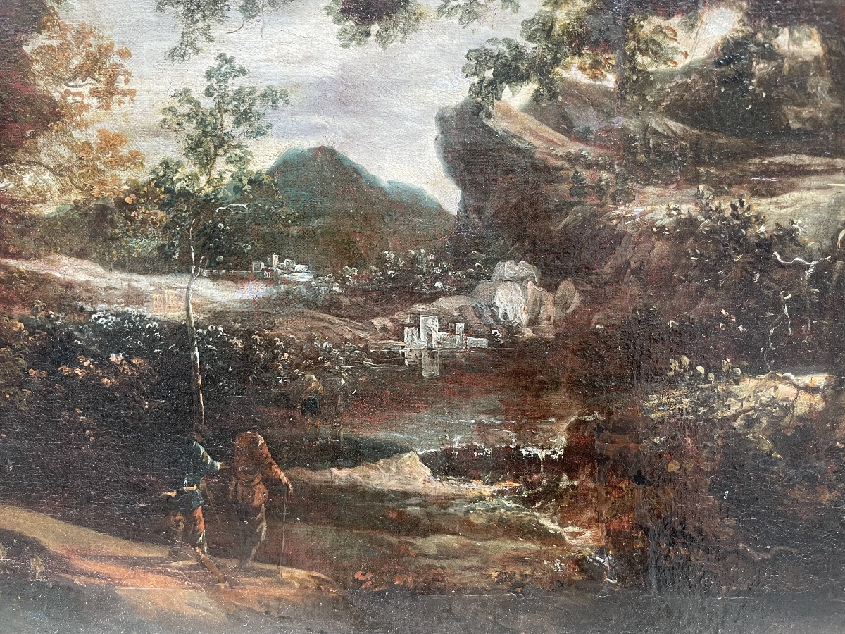 Dutch School, Late 17th Century A Mountainous Landscape With Figures, Circle Of Ruysdal-photo-8