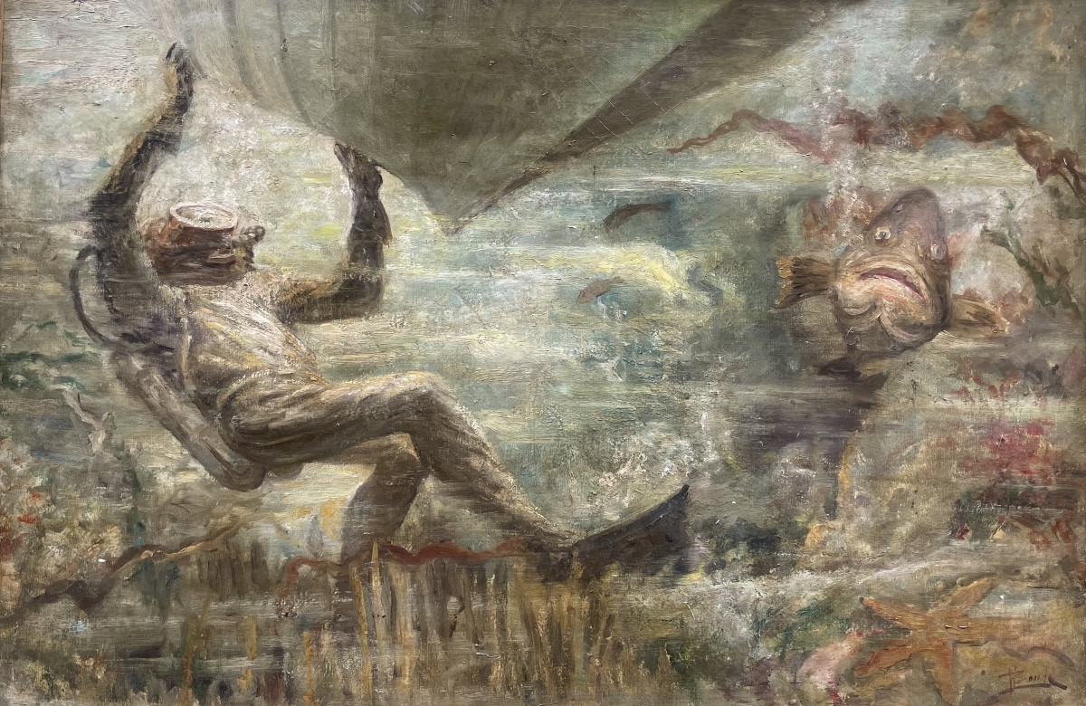 Plongeur avec mérou sous la coque – milieu du XXe siècle