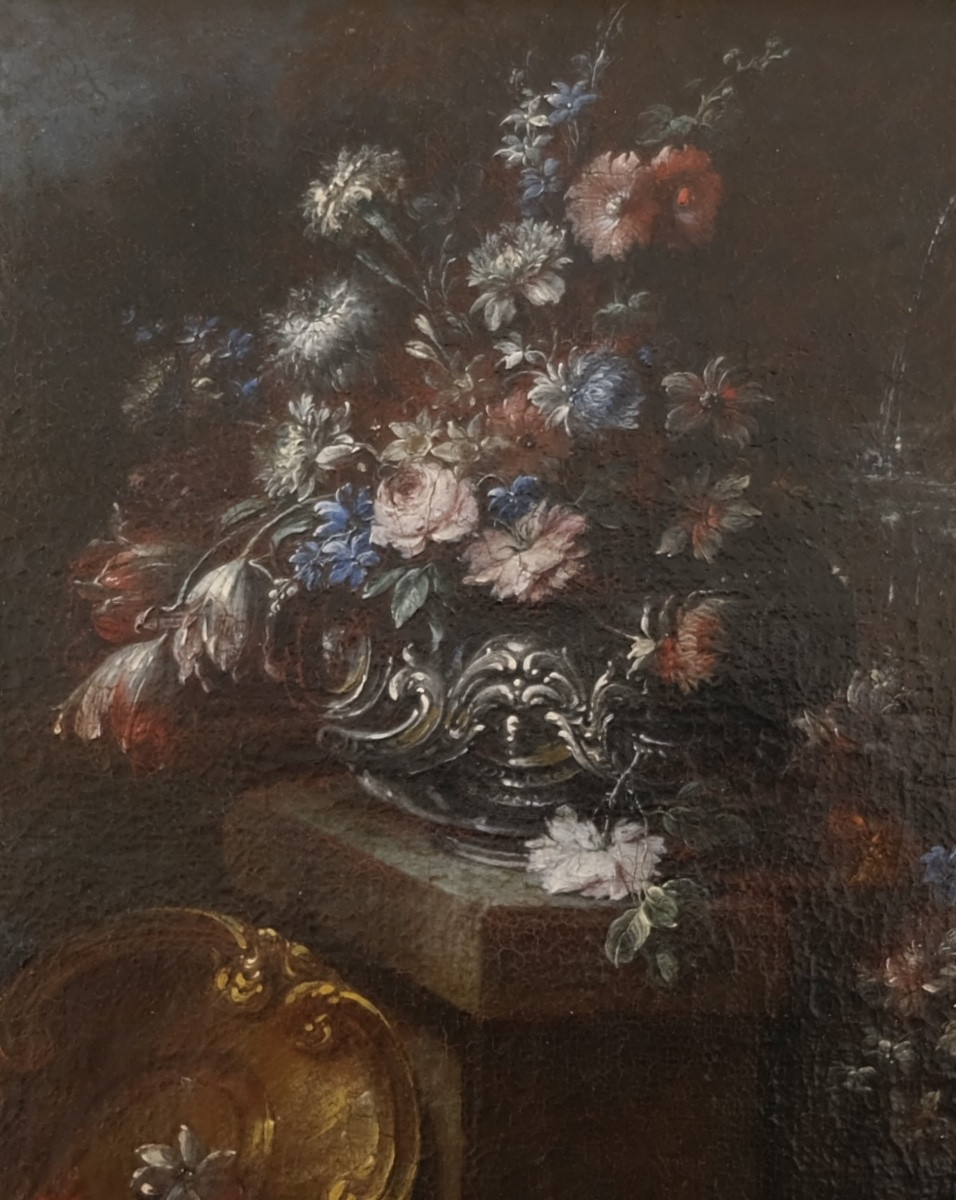 Gaspare Lopez, Attrib. Still Life With Fountain, Obelisk And Cascade Of Flowers, Naples, 1720 -photo-4