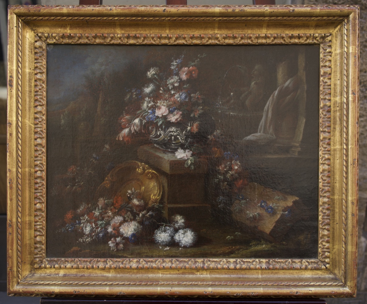 Gaspare Lopez, Attrib. Still Life With Fountain, Obelisk And Cascade Of Flowers, Naples, 1720 -photo-7