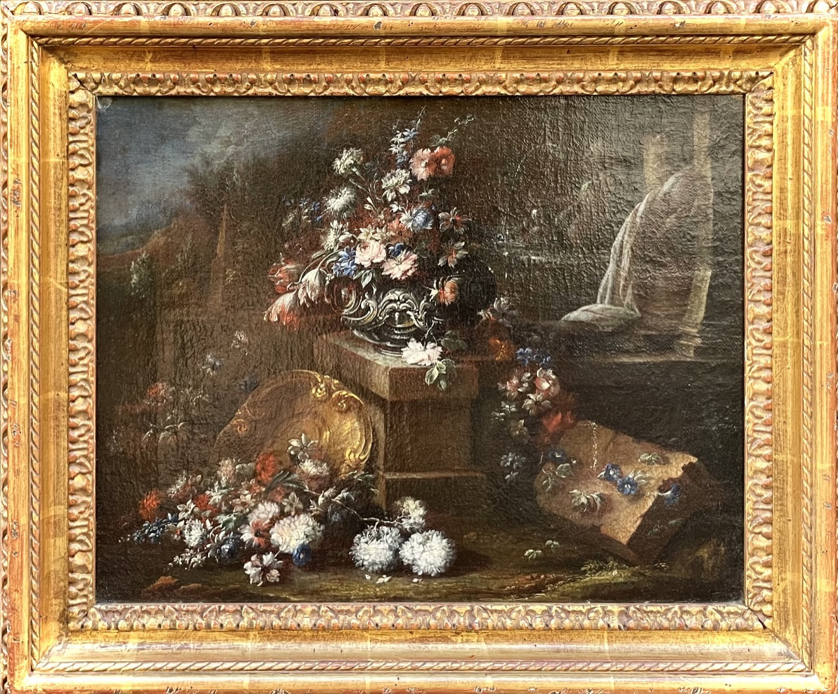 Gaspare Lopez, Attrib. Still Life With Fountain, Obelisk And Cascade Of Flowers, Naples, 1720 
