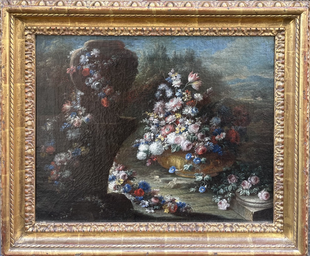 Gaspare Lopez, Attrib. Still Life With Large Vase And Cascade Of Flowers In A Garden, Ca. 1720-photo-3