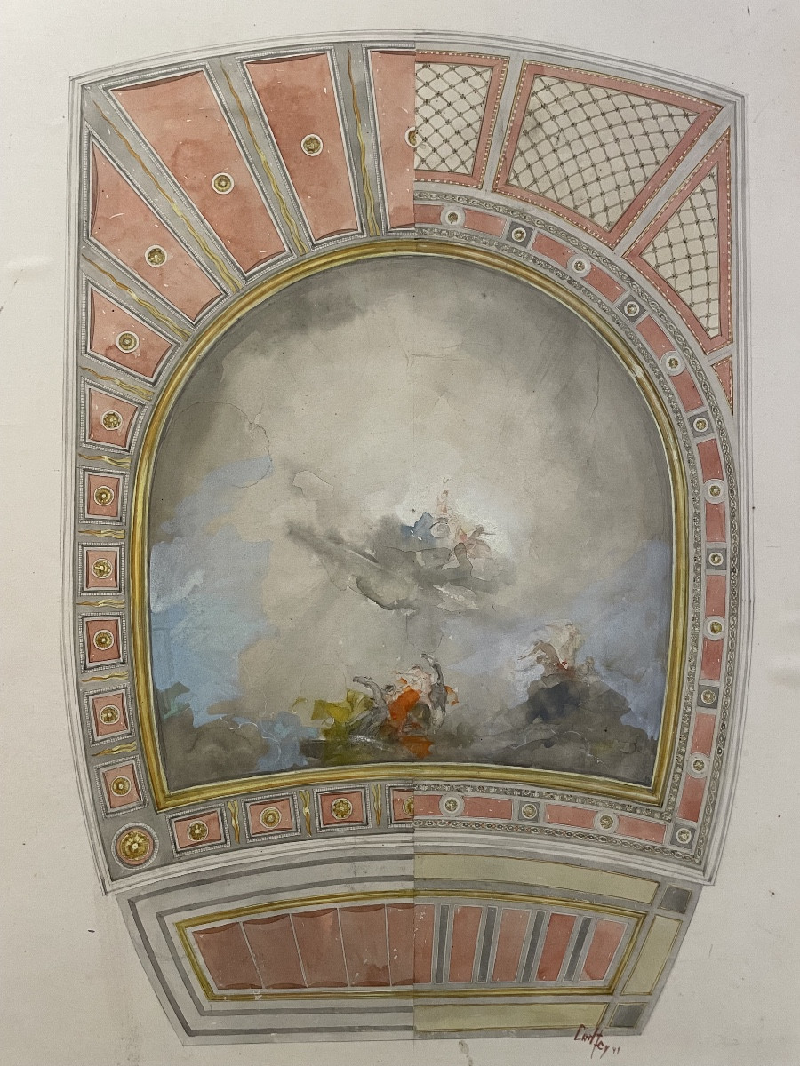 Carl Otto Fey – Decorative Ceiling Project With Allegorical Scene, Watercolor On Paper  