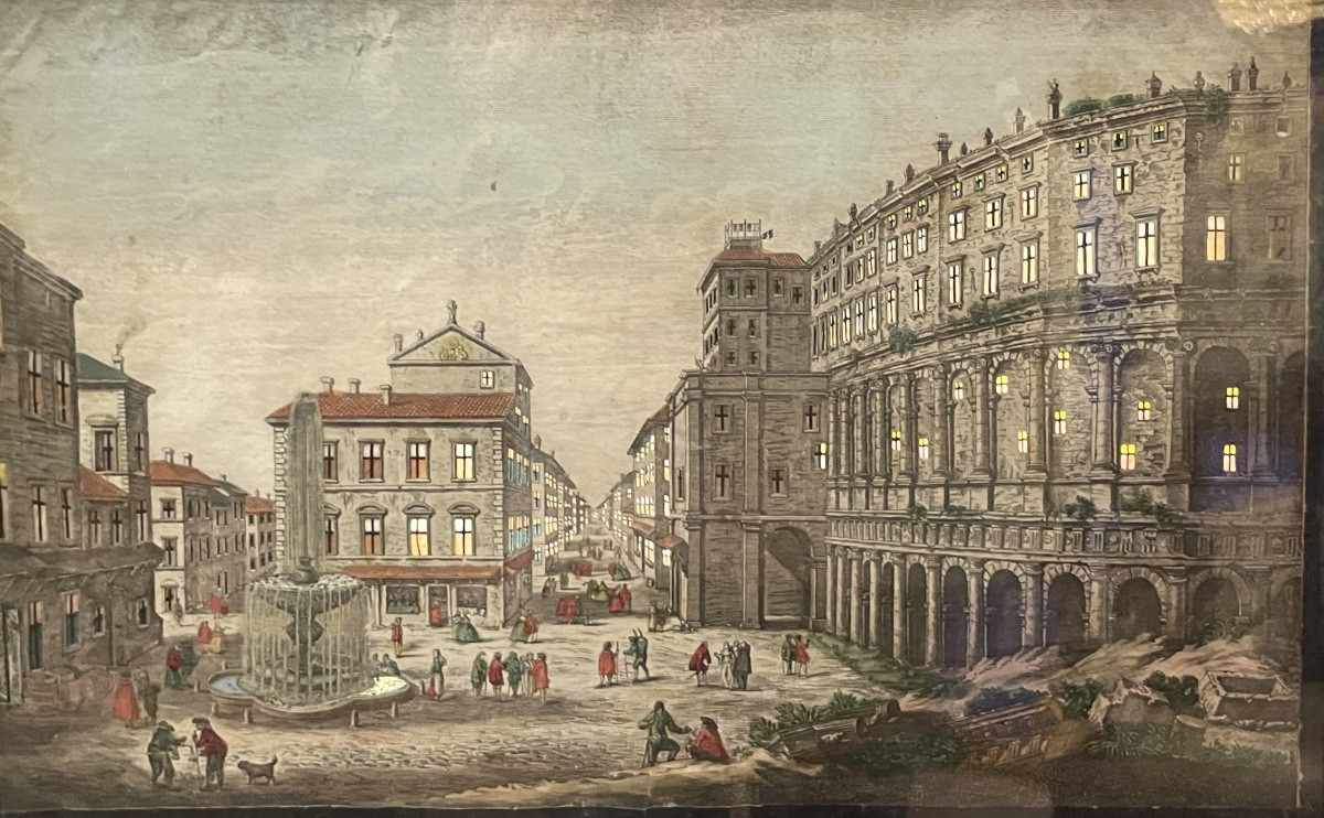 Vue d’optique effet jour/nuit – Rome, Théâtre de Marcellus . 1770 ca