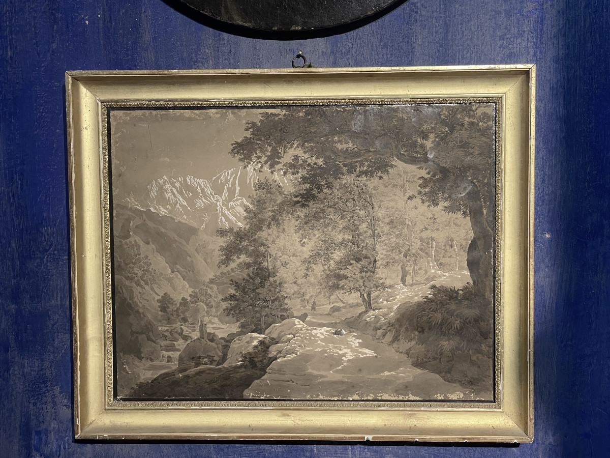 Alpine Landscape Of The 19th Century, Traveller On A Mountain Path – Ink Drawing, Ca. 1840-photo-8