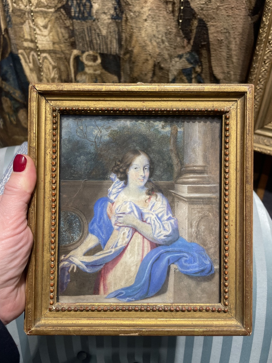 Portrait de l’école hollandaise, vers 1670, jeune dame dans le jardin devant une balustrade-photo-2