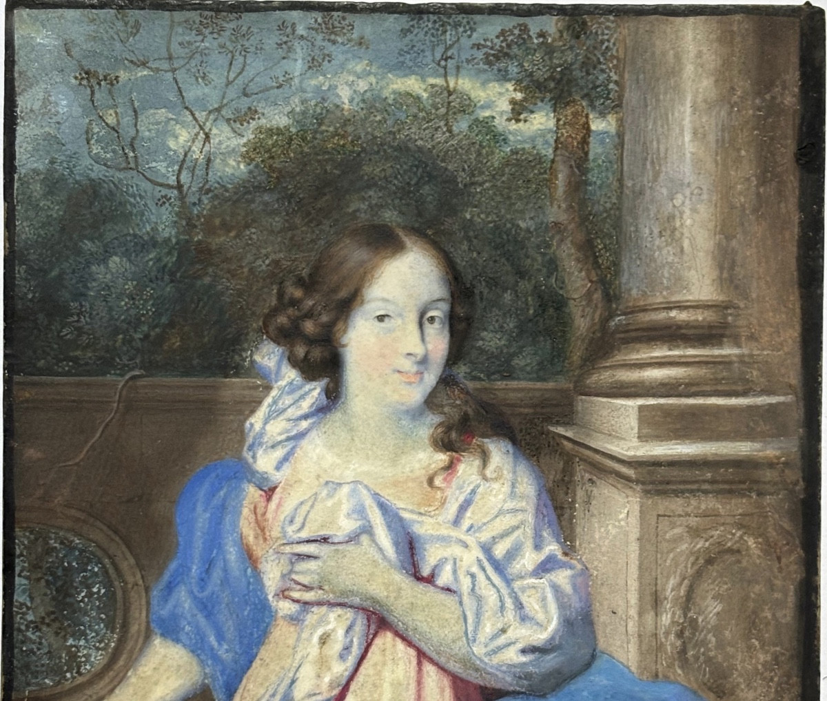 Portrait de l’école hollandaise, vers 1670, jeune dame dans le jardin devant une balustrade-photo-4