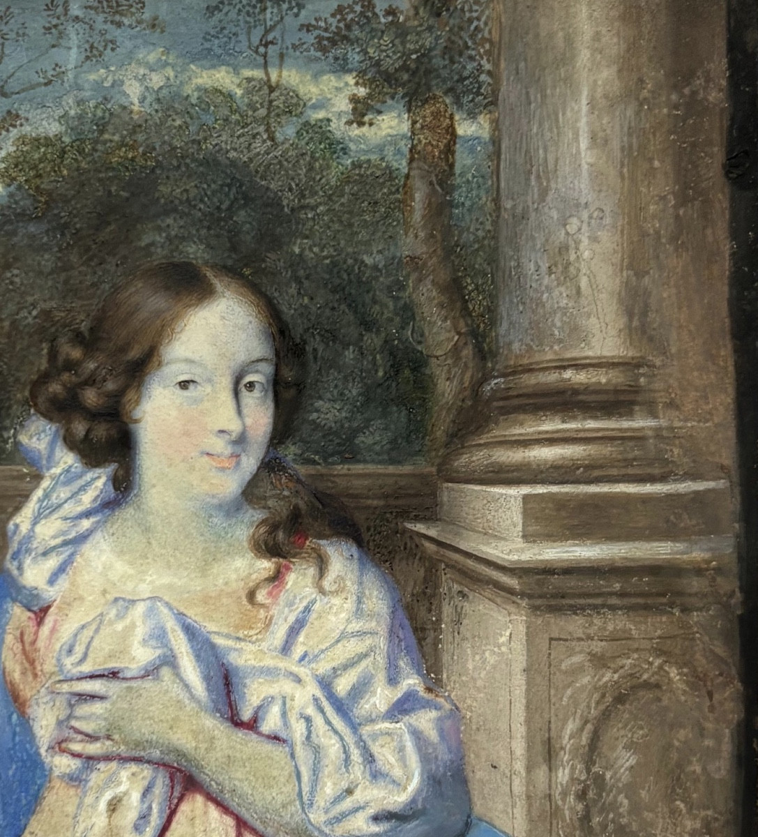 Portrait de l’école hollandaise, vers 1670, jeune dame dans le jardin devant une balustrade-photo-1