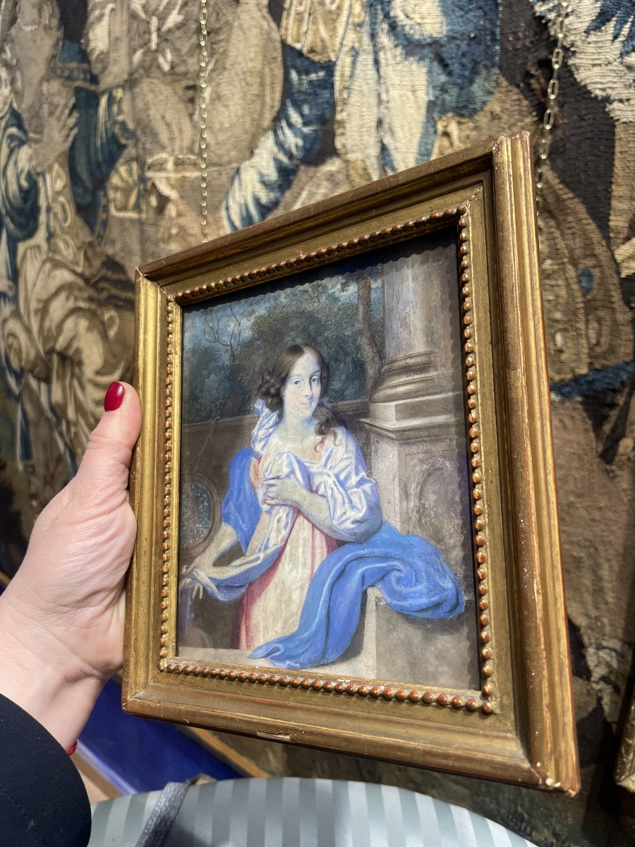 Portrait de l’école hollandaise, vers 1670, jeune dame dans le jardin devant une balustrade-photo-7
