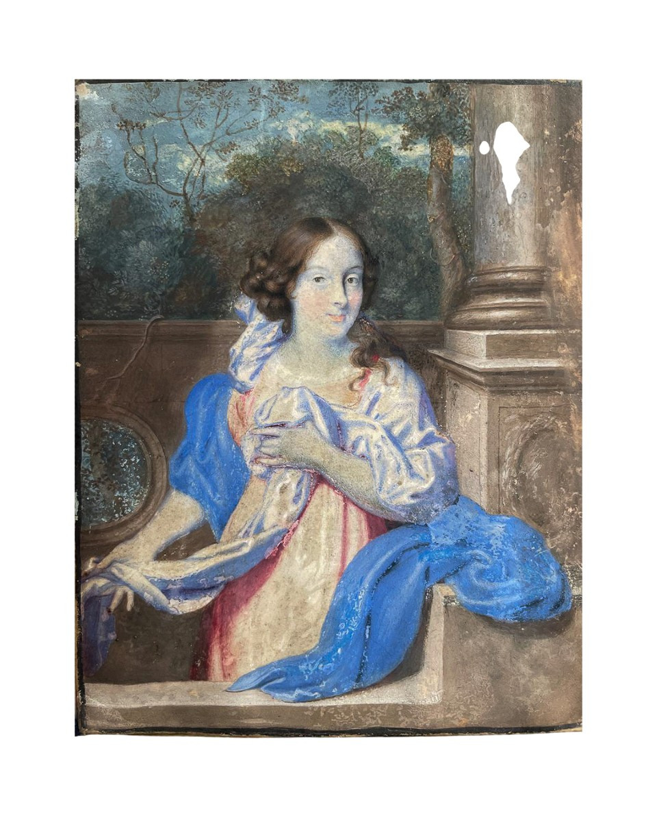 Portrait From The Dutch School, Circa 1670, Young Lady In A Garden Before A Balustrade