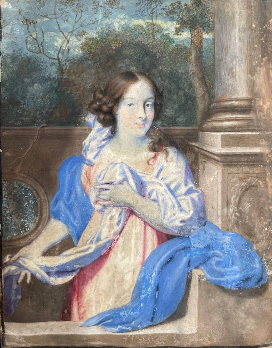 Portrait From The Dutch School, Circa 1670, Young Lady In A Garden Before A Balustrade